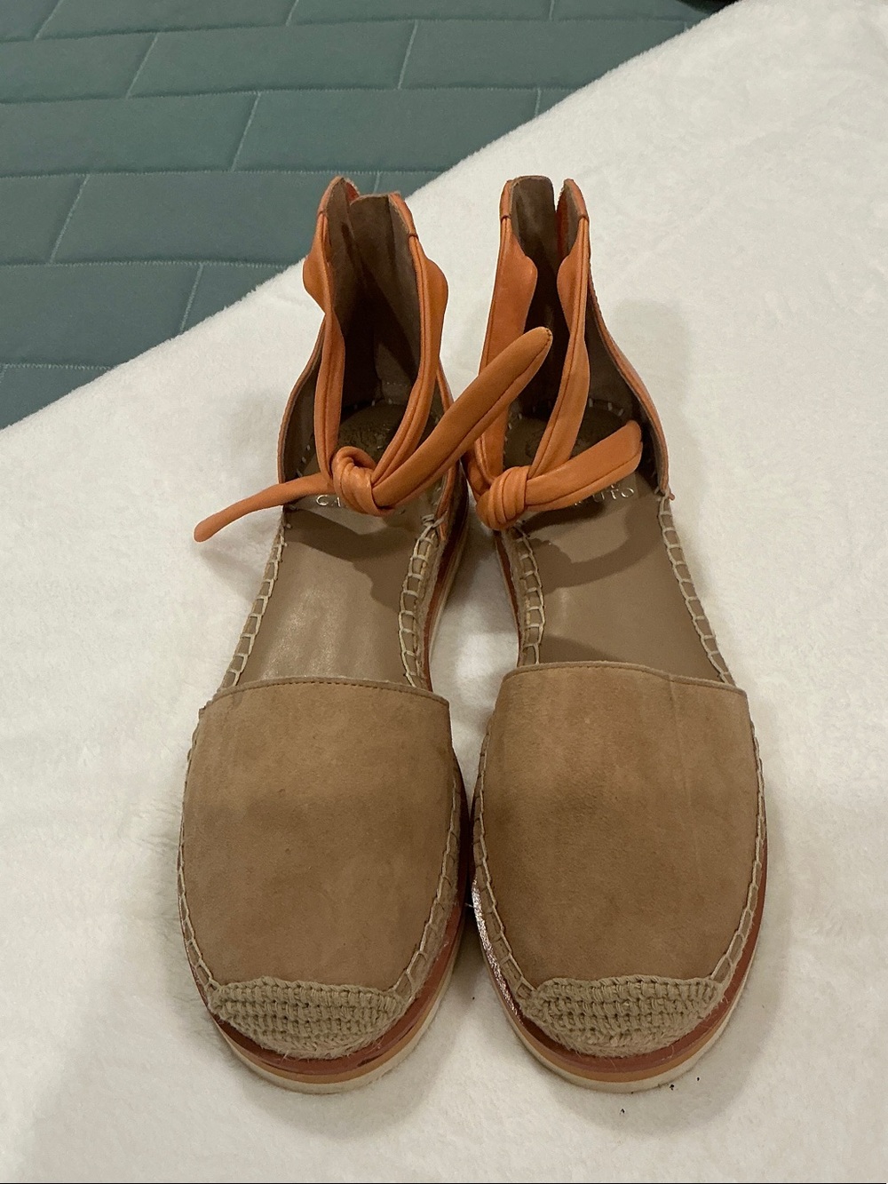 Vince Camuto Tan Suede Espadrilles with Orange Ankle Ties